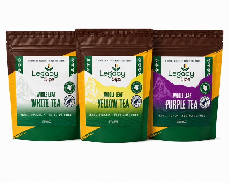 Three pouches of LegacySips whole leaf tea - White, Yellow and Purple on a white background.